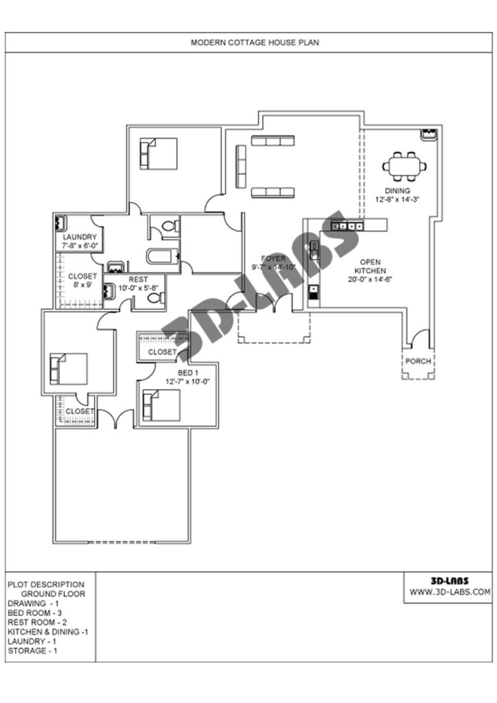 Modern Cottage House Plan-308 - 3D-LABS